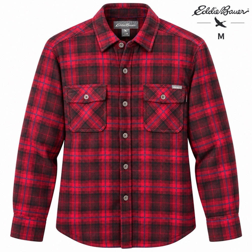 Eddie Bauer Men's M Red Black Plaid Fleece Flannel Shacket Shirt Jacket Holiday